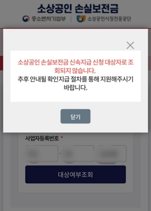 소상공인 손실보전금 신청 화면 / 소상공인 손실보전금 홈페이지