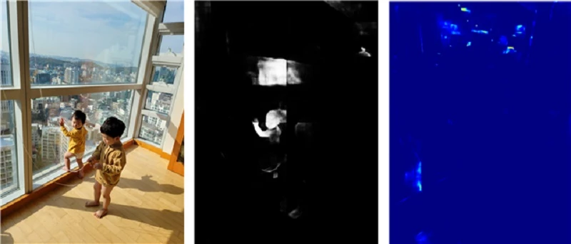 왼쪽부터 변형없는 원본, 기존 기술,  개발 기술 : 원본 이미지는 외부 햇살이 강한 영상 이미지에서 개개 픽셀들이나 특징점들 사이에 명암 차이가 매우 크다. 그림 2는 기존 기술에 의한 탐지 결과를 나타낸다. 햇빛에 의한 명암 차이에 의해 오탐지(변형이 없는데 있다고 판단)가 발생함을 볼 수 있다. 그림 3은 이번에 개발된 기술에 의한 분석 결과. 약간의 잡음 노이즈는 보이나 형태 특징이 없을 뿐만 아니라 색상으로도 단순 노이즈 임을 알수 있다. / 카이스트