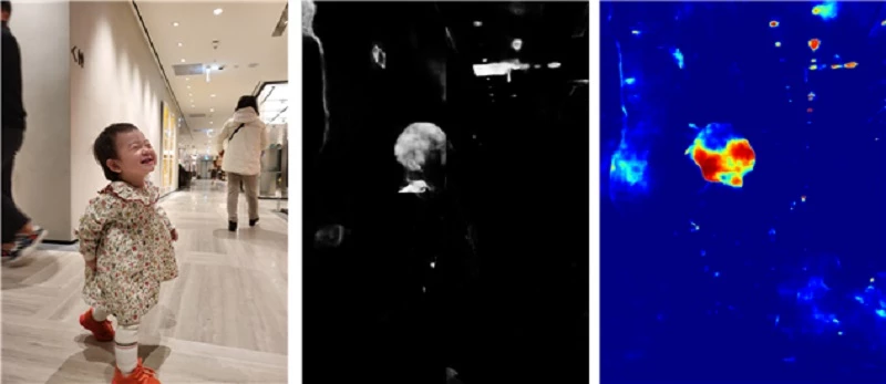 원본 이미지는 밝은 실내 조명에 의한 명암 차이가 역시 매우 큰 원본 이미지이다. 기존 분석 결과를 보여주는 그림 5는 사진내 왼쪽에 있는 사람, 가운데 어린이의 머리 부분과 천장의 조명등 부분이 짜깁기 변형이 이루어 짐을 예측한다. 그림 6은 개발 기술에 의한 분석 결과이다. 왼쪽 사람과 천장의 조명등 영역이 잡음 형태로 모양이 뚜렷하지 않고, 어린이 머리 부분의 색상이 불균일하게 나타남에 따라 명암 차이에 의한 단순 노이즈임을 쉽게 판단할 수 있다. / 카이스트