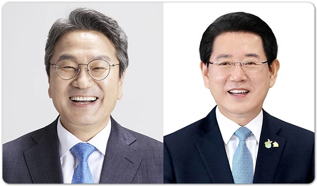 강기정 광주시장 당선인(왼쪽)과 김영록 전남지사