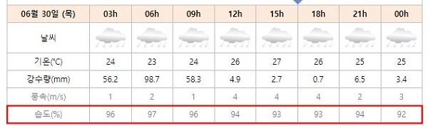 오는 30일(목) 시간대별 서울 습도 / 이하 웨더아이