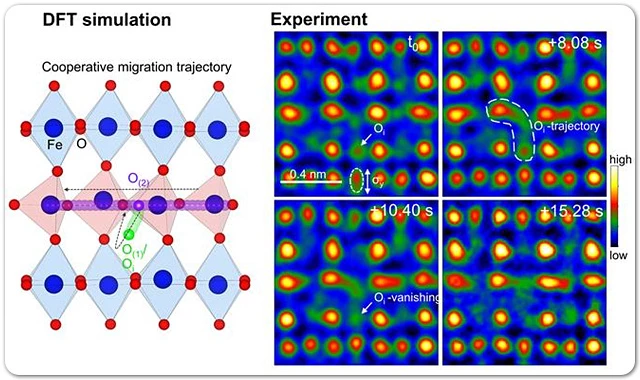 FeO4 사면체 층 내 확산 채널에 과잉으로 공급된 산소 (O(2))는 잠시 침입형 위치 (Oi)로 이동한 뒤, 과잉 산소가 확산내 나가면 다시 FeO4 사면체 층으로 복귀하는 interstitialcy 확산 거동을 보여주는 실험 및 계산 결과.