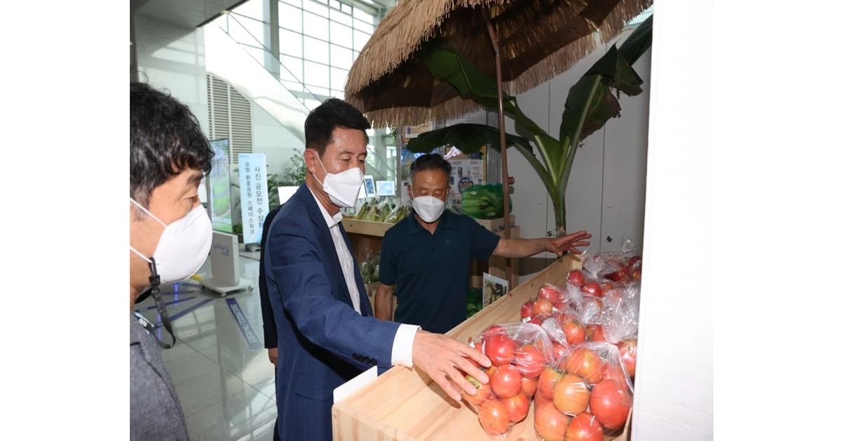 무인 로컬푸드 판매장에 진열 된 농산물을 살펴보는 이강덕 시장 / 포항시 제공