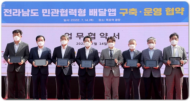 김영록 전라남도지사가 14일 목포역 광징에서 소상공인, 자영업자, 도민 등 200여 명이 참석한 가운데 열린 ‘전남 공공배달앱 출범식’에서 업무협약을 하고 있다. / 전남도