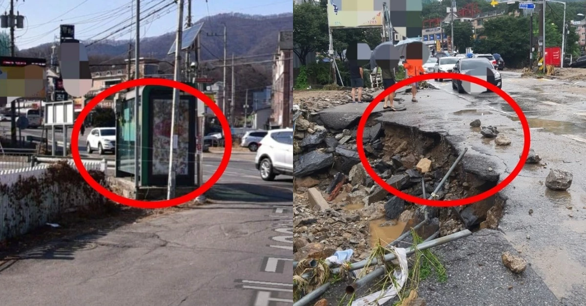 폭우가 오기 전의 정류장(왼쪽), 폭우로 휩쓸려 간 정류장(오른쪽)