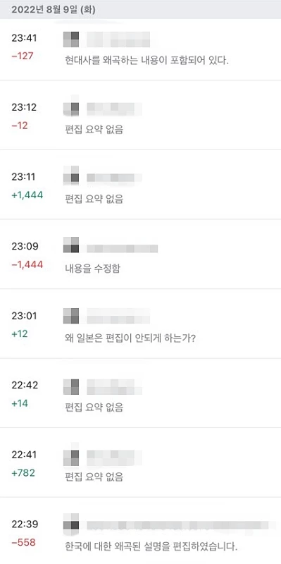 익명의 사용자 누구나 편집할 수 있는 위키백과. '애플의 현대사 왜곡 논란'이 제기된 9일 '한국' 관련 문서가 여러 차례 수정됐다.