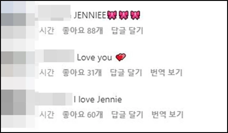 제니 인스타그램 댓글창 캡처