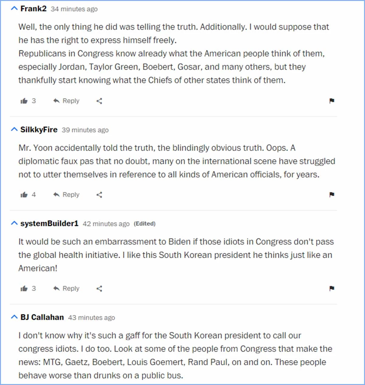 윤석열 대통령의 발언 내용을 소개하는 워싱턴포스트 기사에 달린 댓글들. 윤 대통령의 발언에 호의적인 반응을 보이고 있다. 워싱턴포스트가 친민주당 성향의 신문이라는 점을 고려해야 한다.