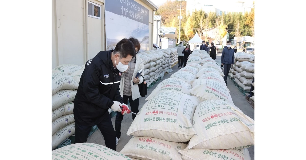 수매현장에서 공공비축미 품질검사를 하고 있는 이강덕 포항시장 / 포항시 제공