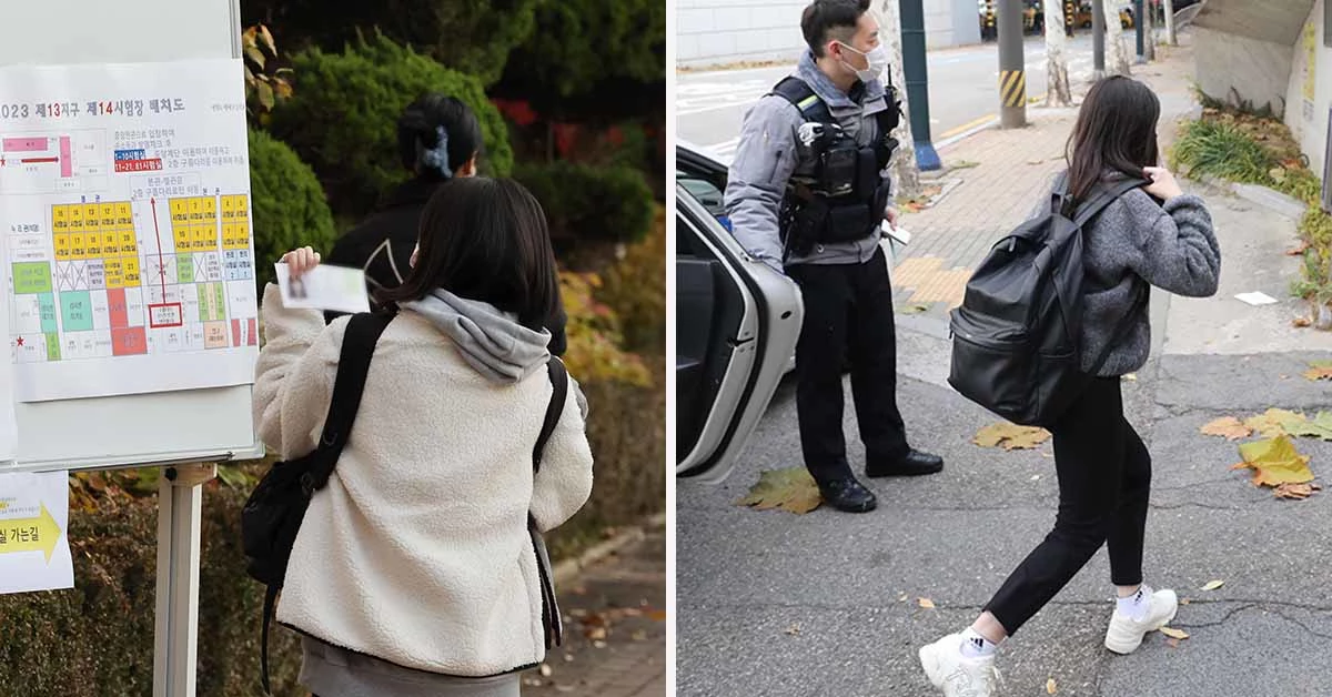 왼쪽 사진은 17일 서울 영등포구 여의도여자고등학교에서 한 수험생이 수험표를 확인하고 있는 모습이고, 오른쪽 사진은  서울 서대문구 이대부속 이화금란고등학교에서 한 수험생이 경찰차량에서 내려 시험장으로 들어가는 모습이다.  / 뉴스1
