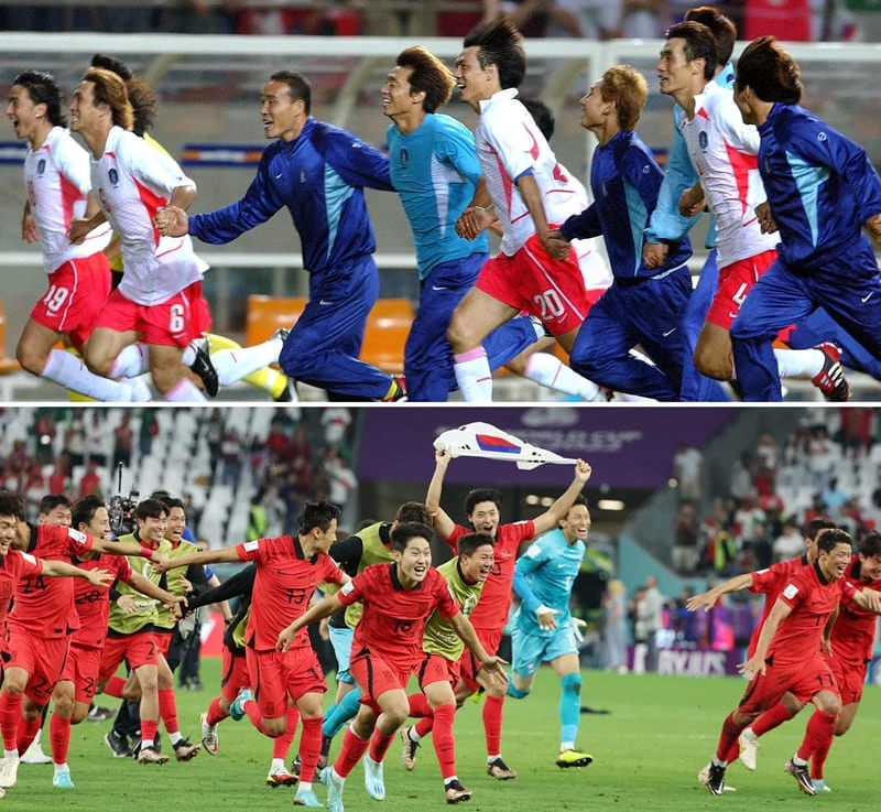 3일 오전(한국 시각) 카타르 알라이얀의 에듀케이션 시티 스타디움에서 열린 2022 카타르 월드컵 조별리그 H조 3차전 대한민국 대 포르투갈 경기에서 2-1 승리 후 16강 진출을 확정지은 선수들이 환호하고 있다(아래 사진)
