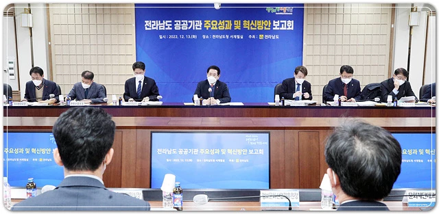 김영록 전라남도지사가 13일 오후 도청 서재필실에서 열린 전라남도 공공기관 주요성과 및 혁신방안 보고회를 주재하고 있다.  / 전남도