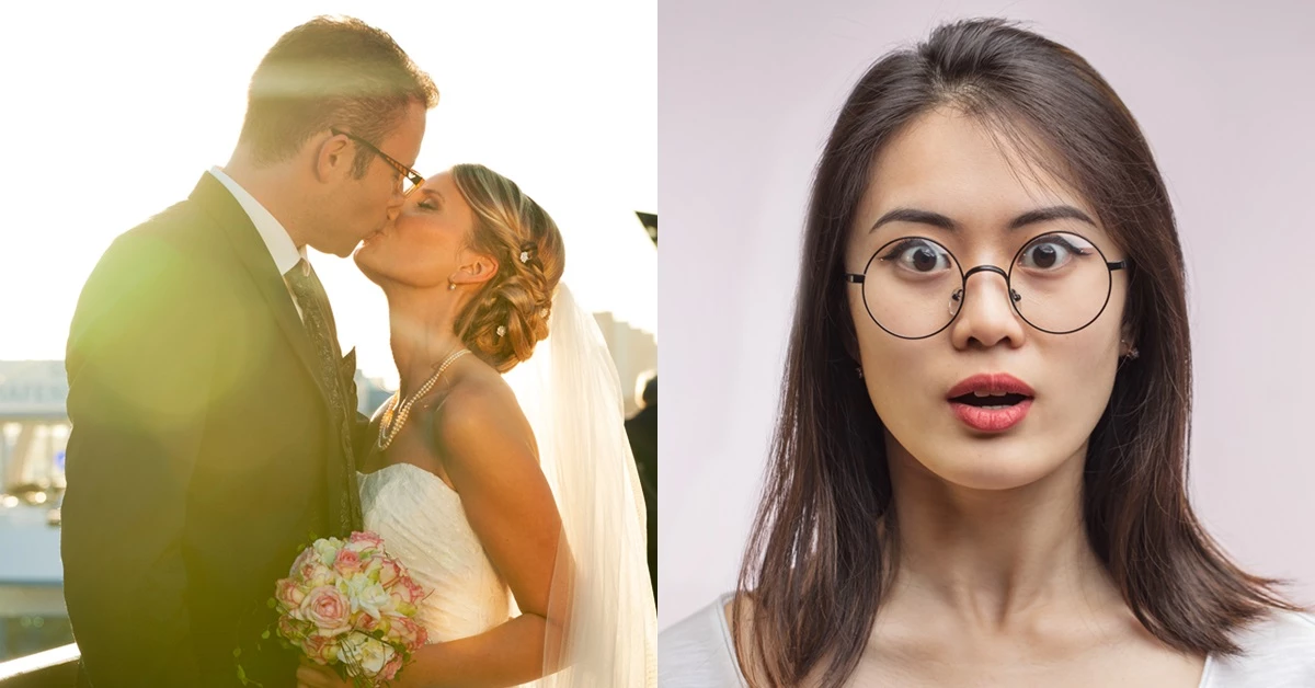 키스를 나누고 있는 독일 신혼부부(좌), 매우 놀라는 아시아 여성. (참고 사진) /davide bonaldo·UfaBizPhoto-shutterstock.com