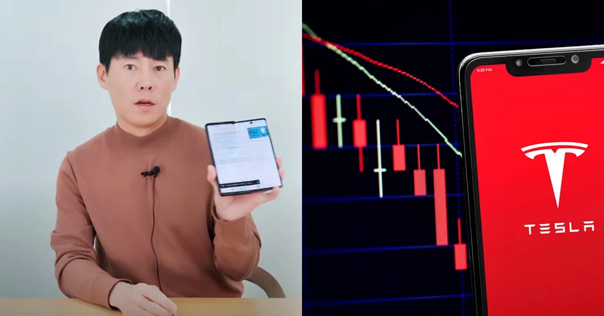 주식 유튜브 채널 '인생은 실전이다'를 운영 중인 박 대표(좌)와 테슬라 주가 그래프 /    유튜브 채널 '인생은 실전이다', JOCA_PH-shutterstock.com