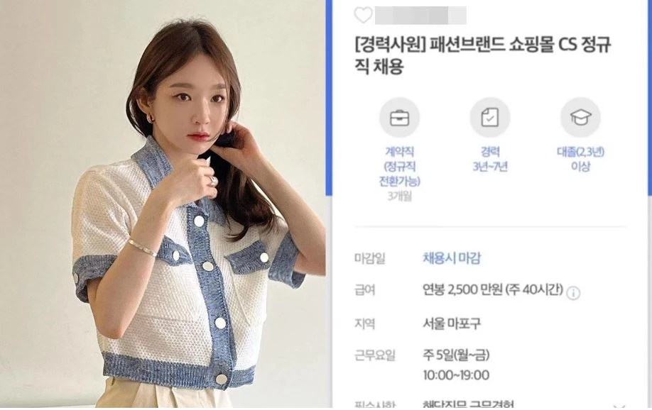 강민경, 구인·구직 사이트에 게재된 채용 공고문 / 강민경 인스타그램, 사람인