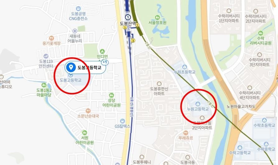 도봉고와 누원고 위치도 / 네이버 지도