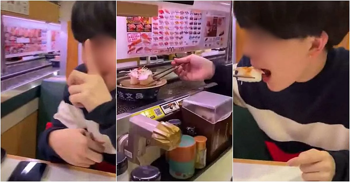 자신을 찍고 있는 사람에게 조용히 하라는 손동작을 보인 뒤 레일 위 초밥을 집어먹고 있다.