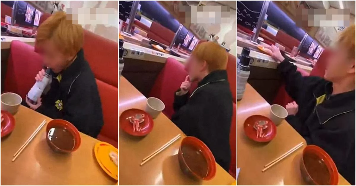 소스 통, 지나가는 초밥 위에도 자신의 침을 묻히고 있다.