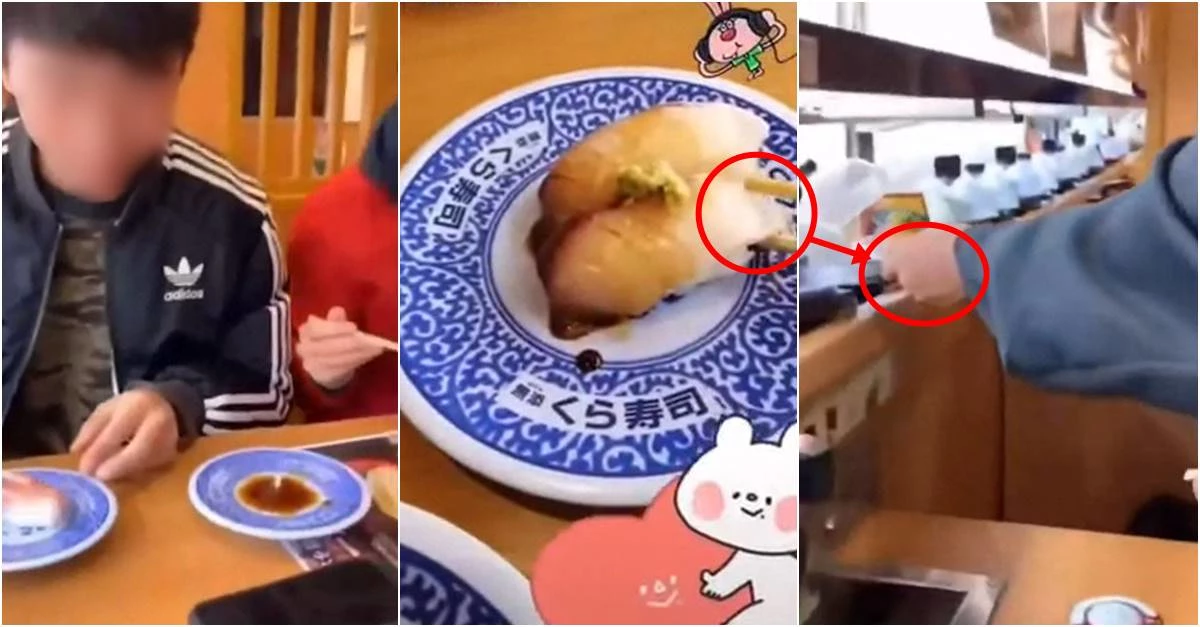 침이 묻은 젓가락을 이용해 초밥을 실컷 만지더니 다시 레일 위에 올려놓고 있다.