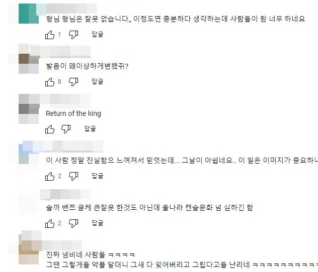 2022년 11월 29일 올라온 밴쯔 유튜브 먹방 영상에 팬들이 남긴 댓글