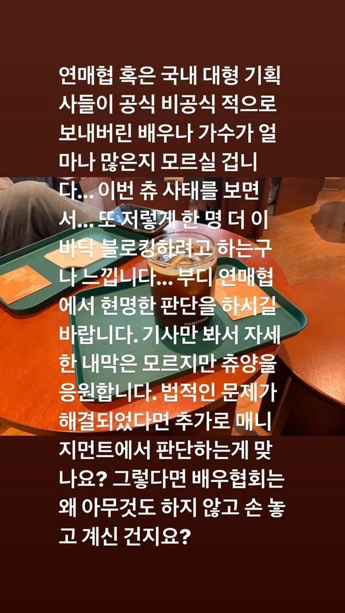 지난 2일 전수진이 인스타그램에 올린 츄 공개 지지 글 / 전수진 인스타그램