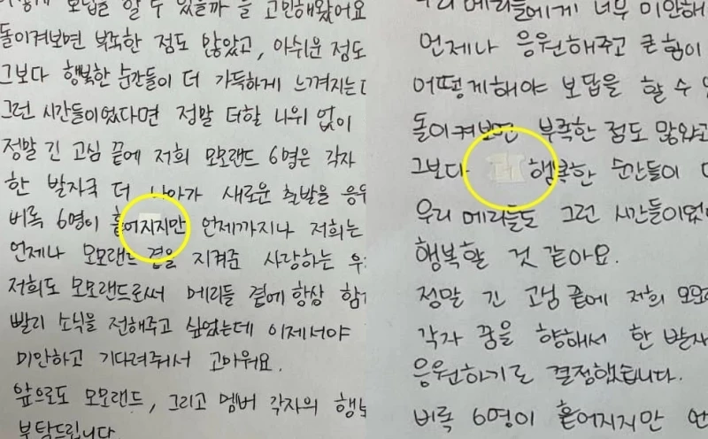 한 네티즌이 지적한 자필 편지 속 수정 테이프 / 모모랜드 일부 멤버 인스타그램