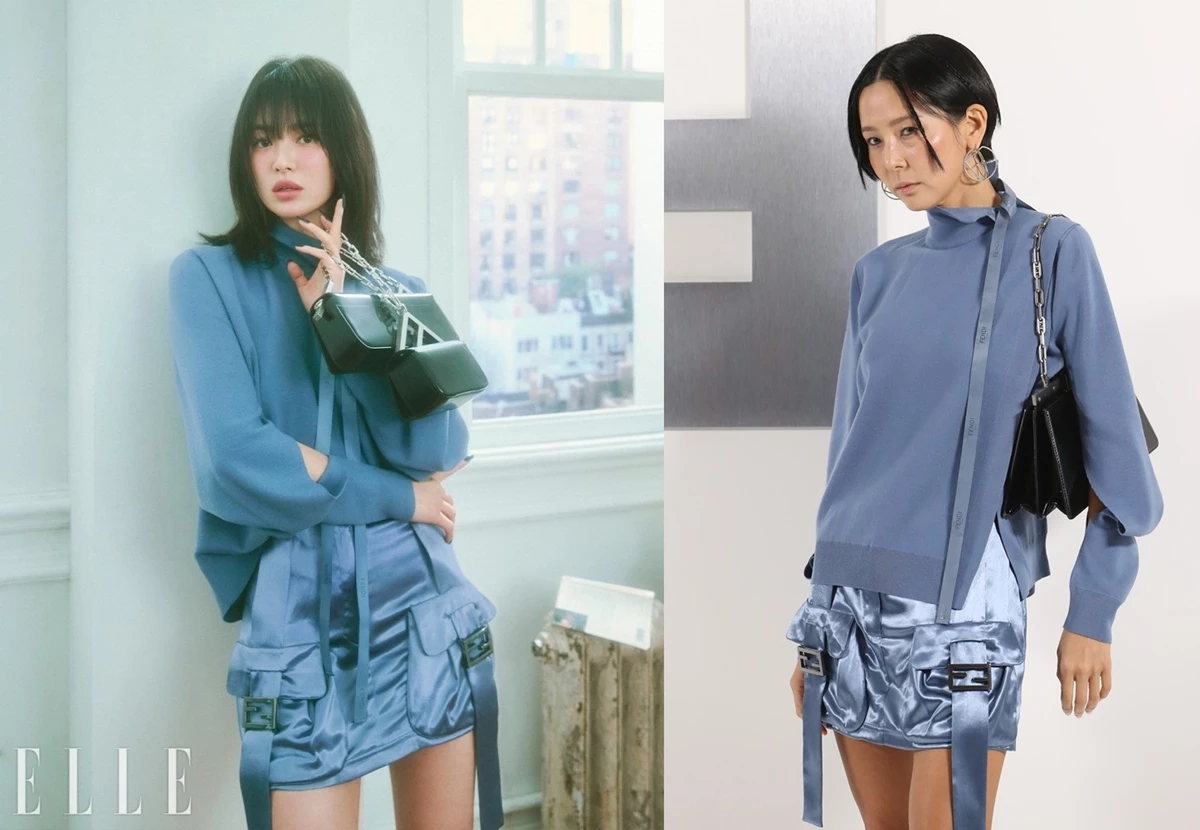 같은 브랜드 의상을 입은 배우 송혜교와 방송인 김나영 / 패션지 엘르, 뉴스1