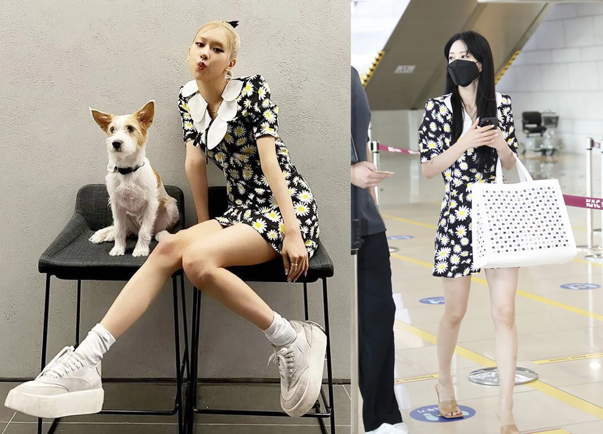 데이지가 그려진 미니 원피스룩을 선보인 블랙핑크 로제와 배우 한예슬 / 로제 인스타그램, 뉴스1