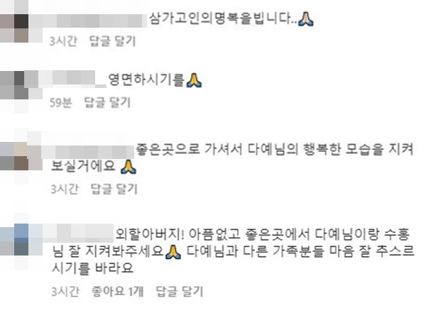 누리꾼들이 고인을 추모하며 김다예를 응원하고 있다.