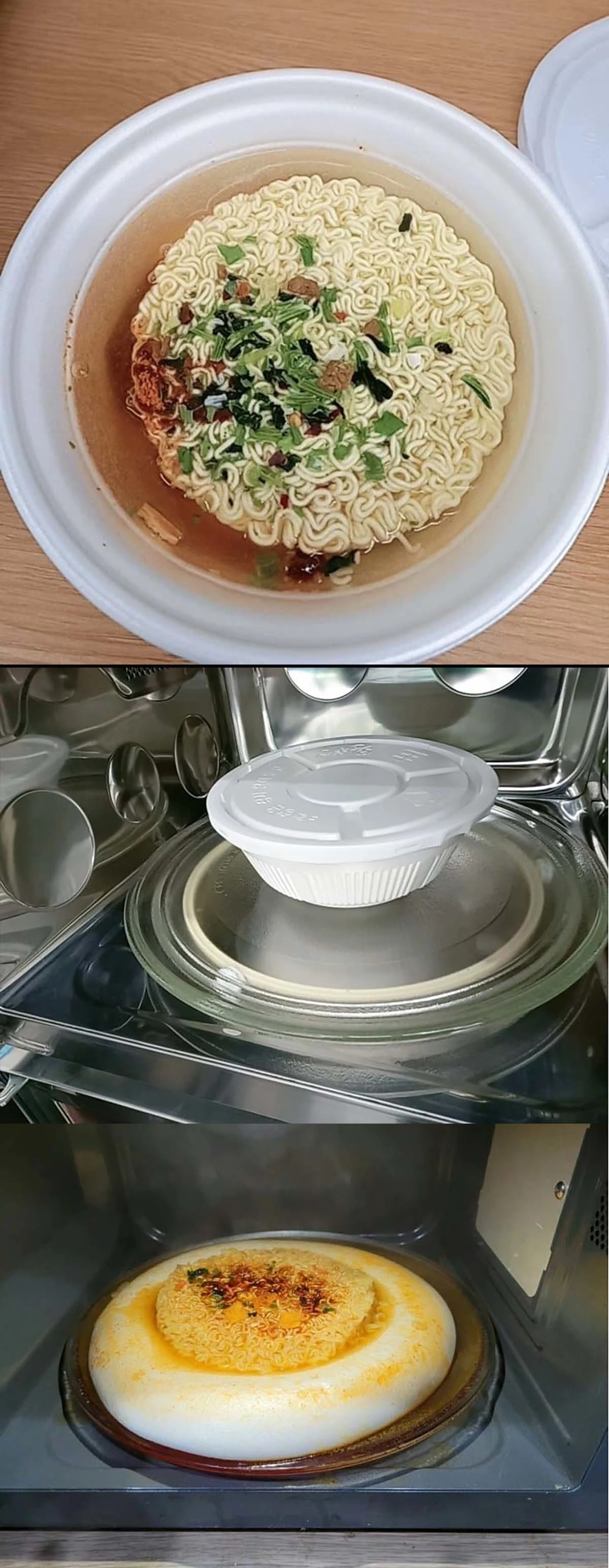 한 누리꾼이 왕뚜껑을 전자레인지에 조리했는데 그릇이 뒤집혔다'라면서 에브리타임에 올린 사진.