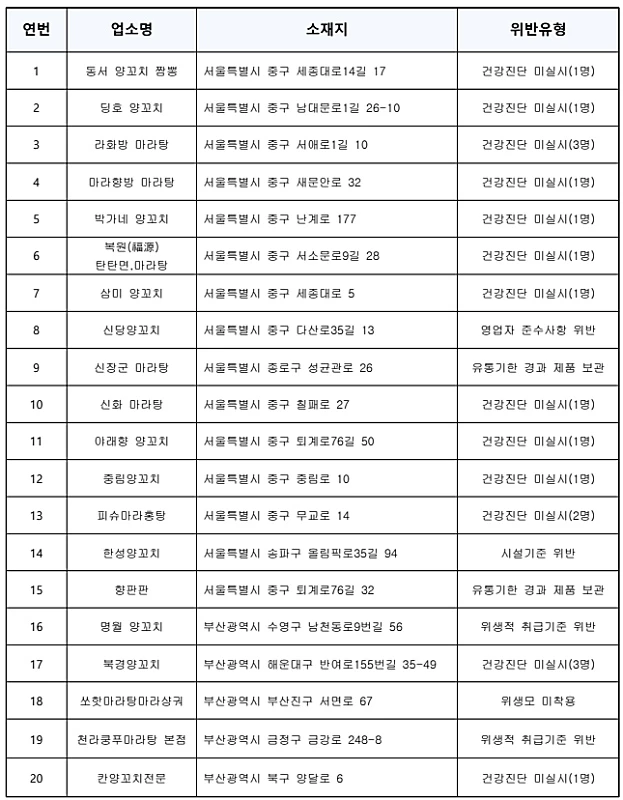 식품의약품안전처가 지난달 6일부터 10일까지 진행한 위생점검에서 적발된 배달 음식점 51곳 명단 / 이하 식품의약품안전처 제공