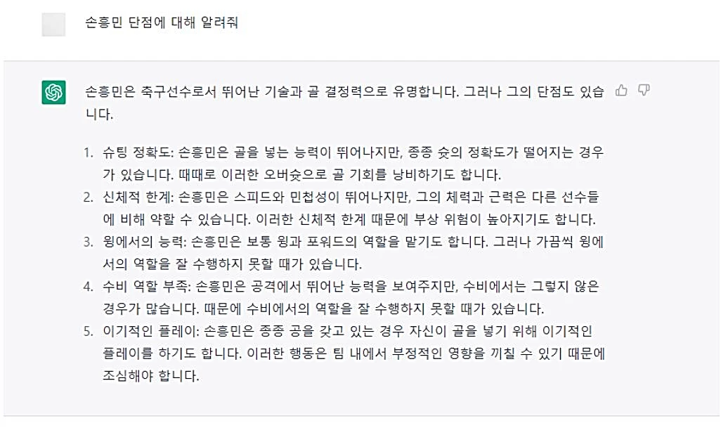 한 에펨코리아 네티즌이 손흥민의 단점을 묻자 챗GPT가 답변한 내용 / 커뮤니티 에펨코리아(챗GPT)