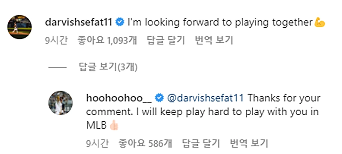 다르빗슈가 남긴 댓글과 이정후의 반응