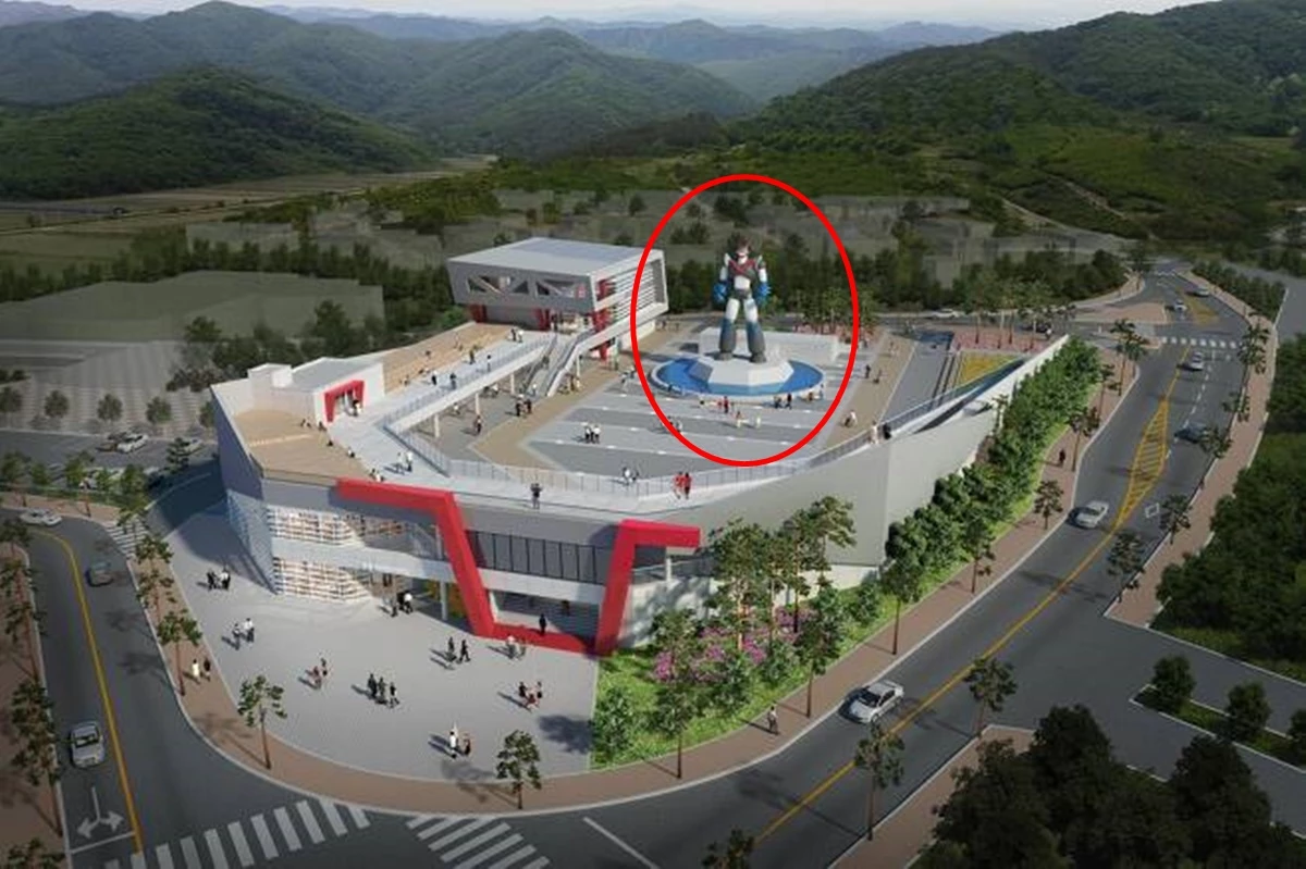 전북 무주 태권브이랜드 조감도. 광장에 우뚝 솟은 것이 움직이는 태권브이 로봇이다. / 무주군·연합뉴스