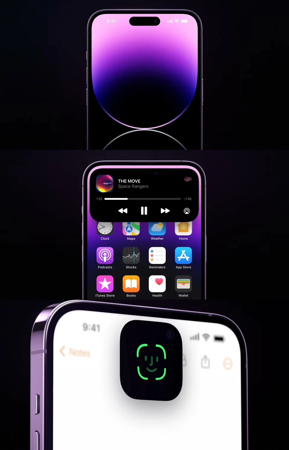 애플은 홀 디스플레이 기능으로 소프트웨어 기술을 구현해 이를 '다이내믹 아이랜드'라고 이름 붙였다.
