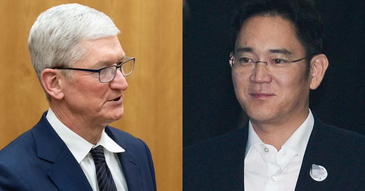 팀 쿡(왼쪽) 애플 CEO와 이재용 삼성전자 회장. 쿡 CEO 사진은 그의 트위터에서, 이 회장 사진은 뉴스1에서 가져왔다.