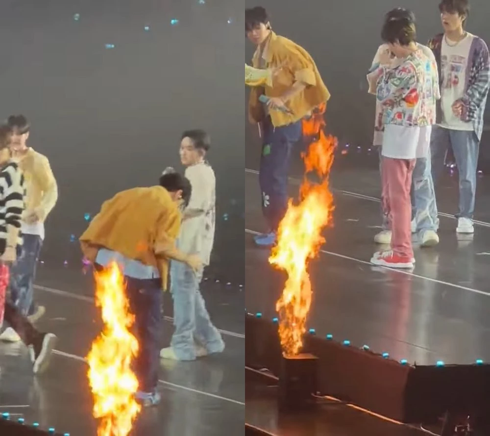 사고 직후 놀란 윤재혁이 옷에 불이 옮겨붙었는지 확인하고 있다.