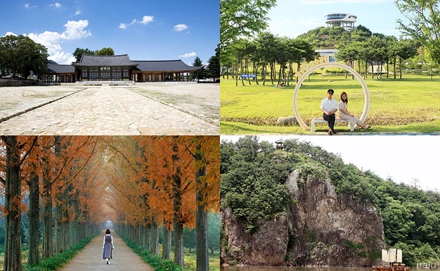 나주 관광지(왼쪽 위부터 시계방향 금성관, 빛가람호수공원&전망대, 전라남도산림자원연구소, 영산강 황포돛배)