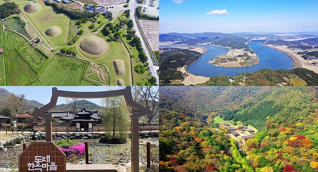 나주 관광지(왼쪽 위부터 시계방향 반남고분군, 동강 느러지전망대, 불회사 비자숲, 도래한옥마을)