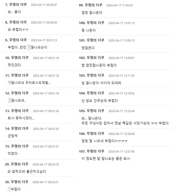 구내식당 메뉴 사진을 본 온라인 커뮤니티 더쿠 회원들의 반응 / 더쿠