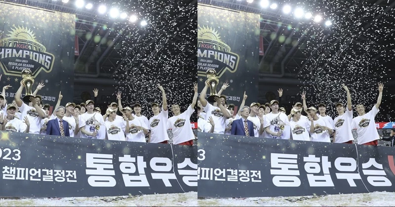 7일 오후 경기도 안양시 동안구 안양실내체육관에서 열린 2022-2023 SKT 에이닷 프로농구 챔피언결정전 7차전 안양 KGC와 서울 SK와의 경기에서 연장 접전 끝에 100대97로 우승을 차지한 안양 KGC 코칭스태프 및 선수들이 트로피를 들어올리고 있다. /이하 뉴스1