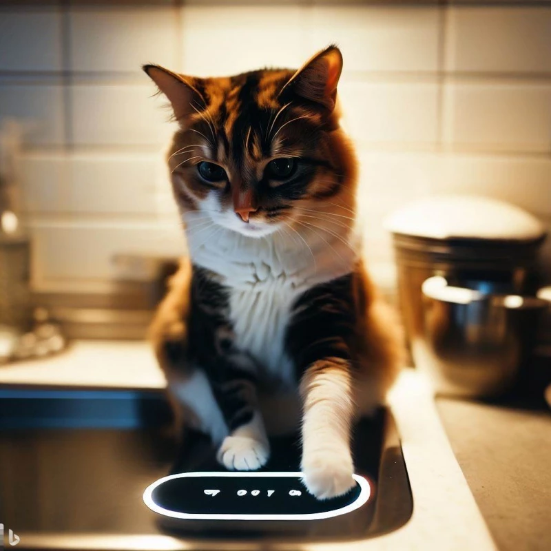 주방 싱크대 위에 올라간 고양이가 실수로 전기레인지 버튼을 누르는 모습을 AI 이미지 생성 프로그램 '빙 이미지 크리에이터'로 제작했다.