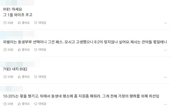 조금이라도 유산은 나눠야 한다는 누리꾼들 / 직장인 익명 커뮤니티 '블라인드' 댓글 창