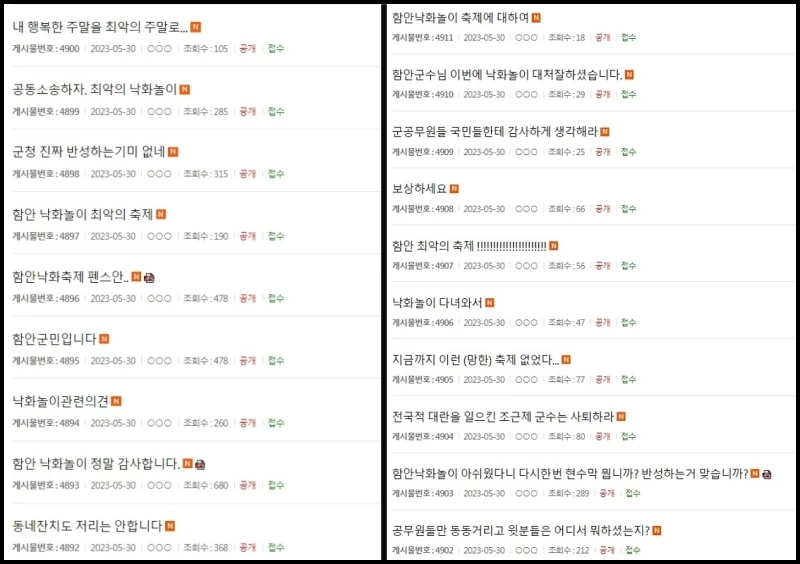 행사 당일인 지난 27일부터 30일 오후 2시까지 함안군 열린군수실 홈페이지에 해당 행사 관련 민원 글 약 380건이 올라왔다. / 이하 함안군 열린군수실 홈페이지