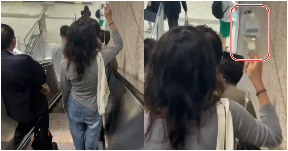 스스로 링거를 놓으며 지하철로 퇴근하는 여성의 모습 /이하 바이두