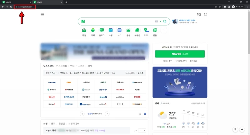 북한이 국내 포털 사이트 네이버를 복제해 만든 가짜 사이트. 네이버 메인화면을 정교하게 복제한 모습이다. 다만 인터넷 도메인 주소(URL)에 차이가 있다. / 이하 국가정보원 제공