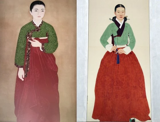 2020년 '친일 작가' 논란으로 철거된 김은호 작가의 최초 춘향 영정(왼쪽)과 남원시가 올해 초부터 제작해 봉안한 김현철 작가의 새 춘향 영정 / 남원시 제공, 뉴스1, 연합뉴스
