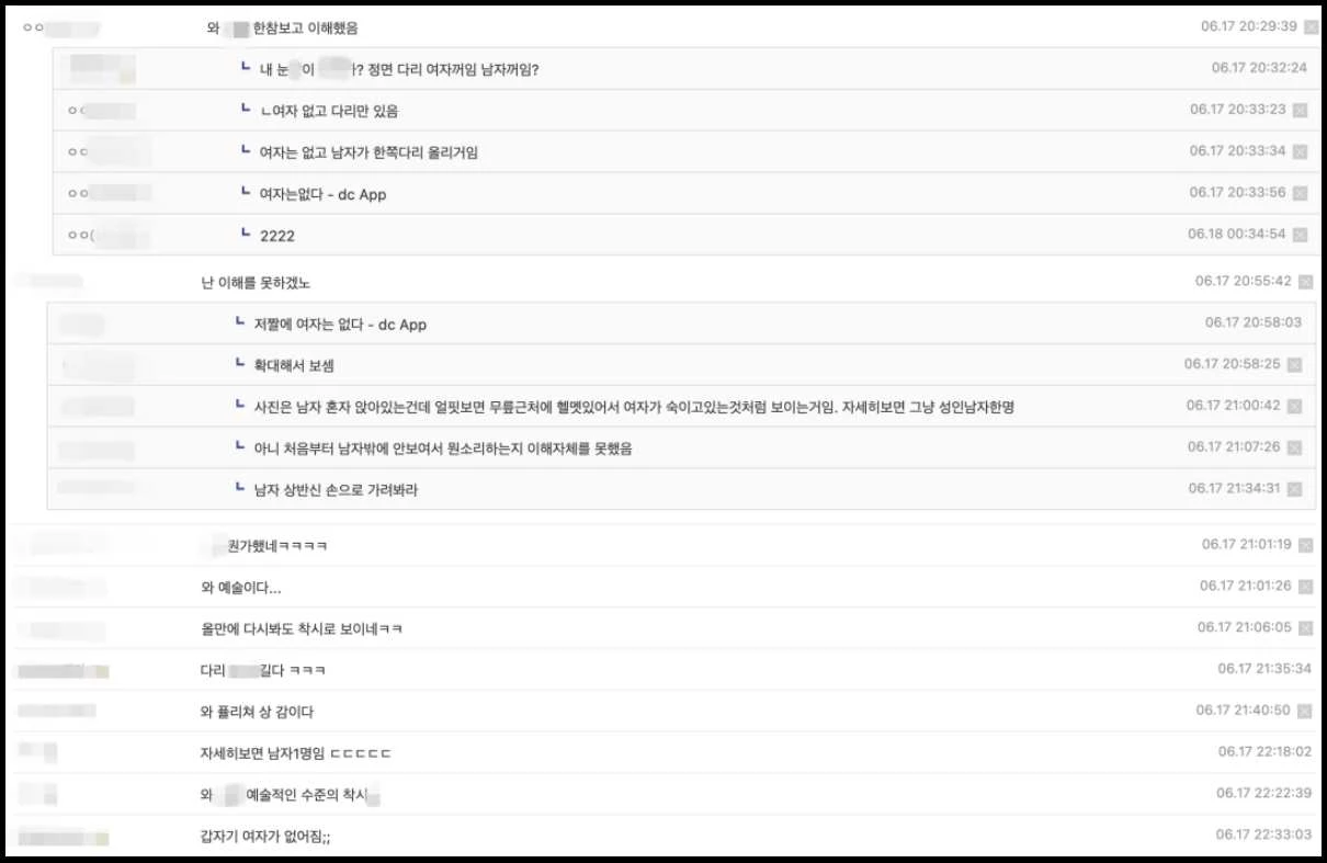 ‘오토바이에서 애정행각 하는 커플’이라는 제목으로 퍼진 사진에 대한 국내 네티즌들 반응 / 온라인 커뮤니티 디시인사이드 갤러리(싱글벙글 지구촌 갤러리) 댓글창