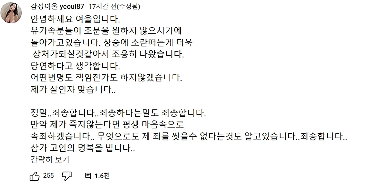 감성여울이 지난 19일 유튜브 커뮤니티에 남긴 글 / 유튜브 '감성여울 yeoul87'
