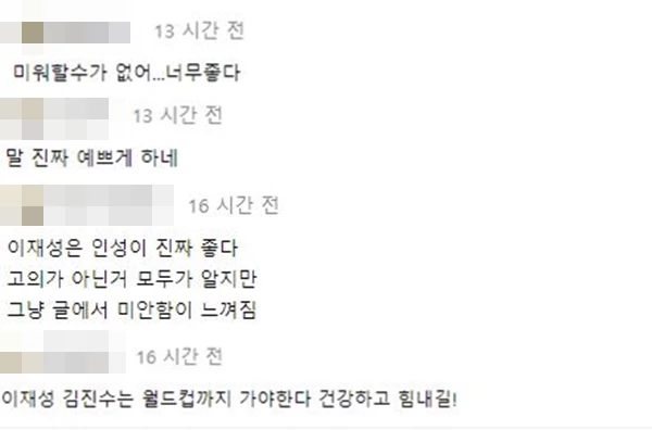 이재성의 글을 본 누리꾼들이 응원 메시지를 남기고 있다. / 온라인 커뮤니티 '에펨코리아' 댓글 창